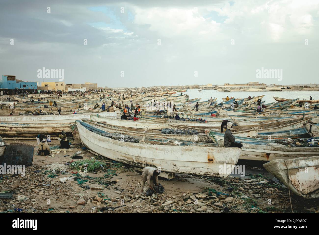 About 7000 fishing boats moored in the harbour, Port de Peche Traditionelle, Nouadhibou, Mauritania Stock Photo