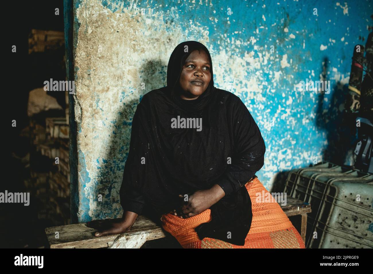 Fishmonger Fatou Geij in her shop, Port de Peche Traditionelle, Nouadhibou, Mauritania Stock Photo