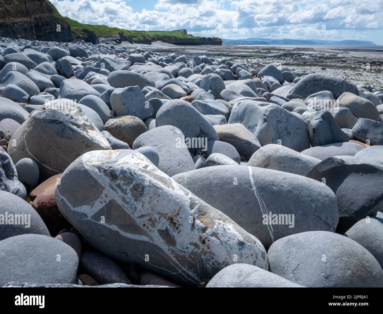 Boulder covered beach with cliffs Stock Photo