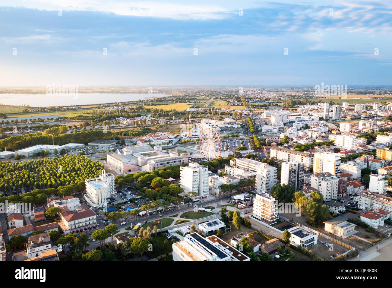 Lido di Jesolo cityview to the Ferris Wheel. Aerial view during summer holiday season. Stock Photo