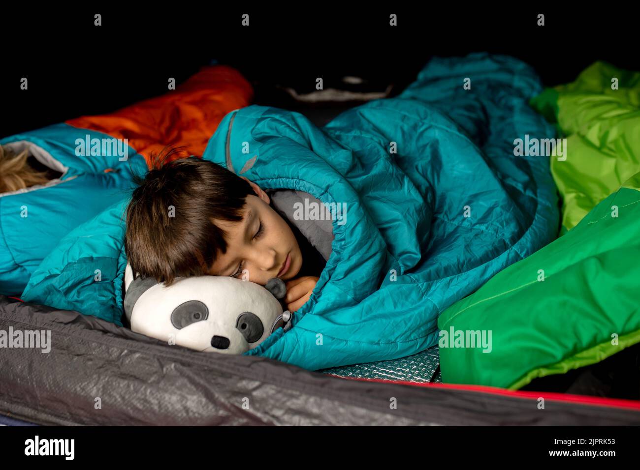 Children, sibilngs, sleeping in sleeping bags in a tent in Norway, wild