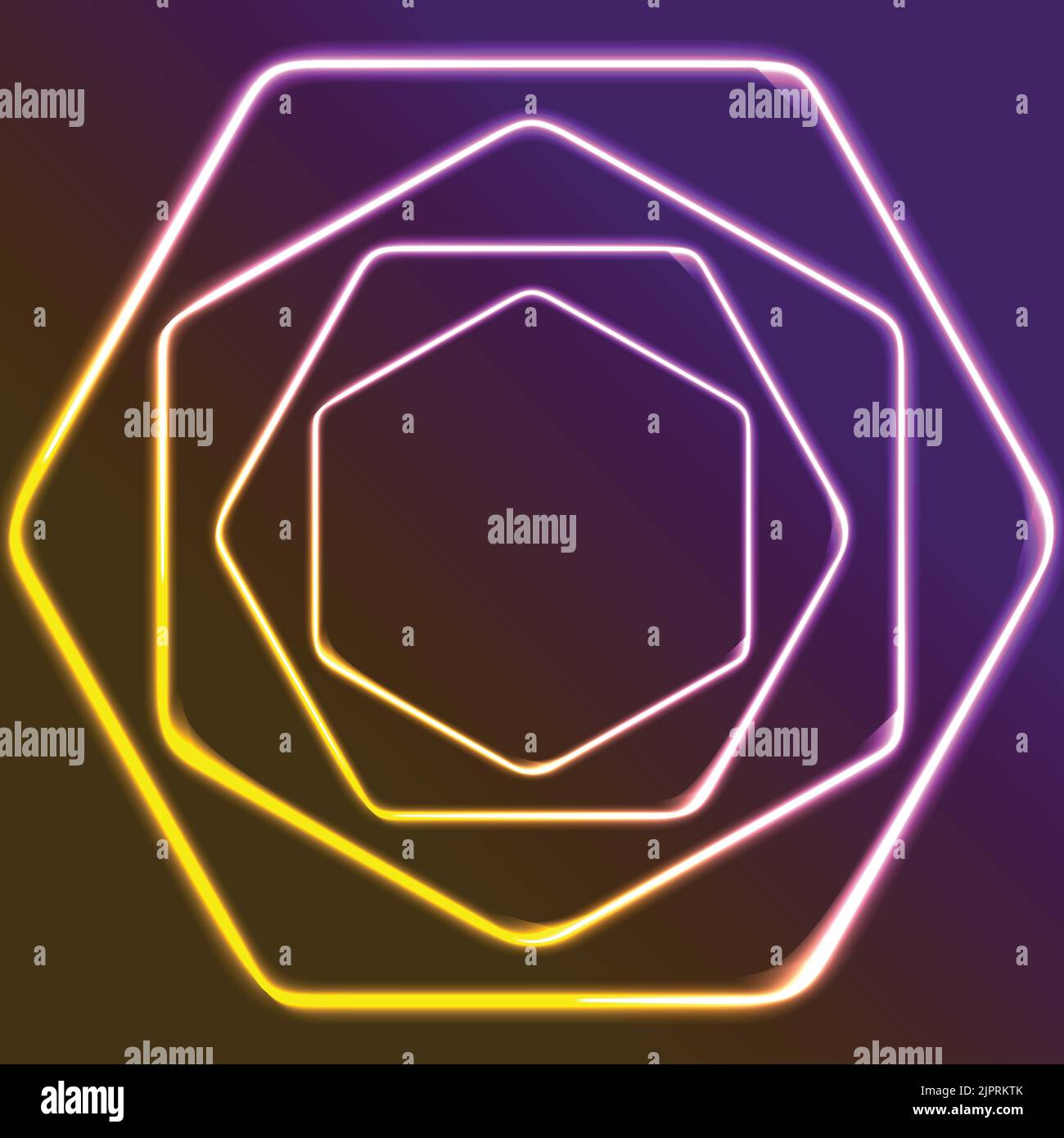 Glowing yellow and purple neon hexagons shiny background. Energy luminous effect logo vector template design Stock Vector