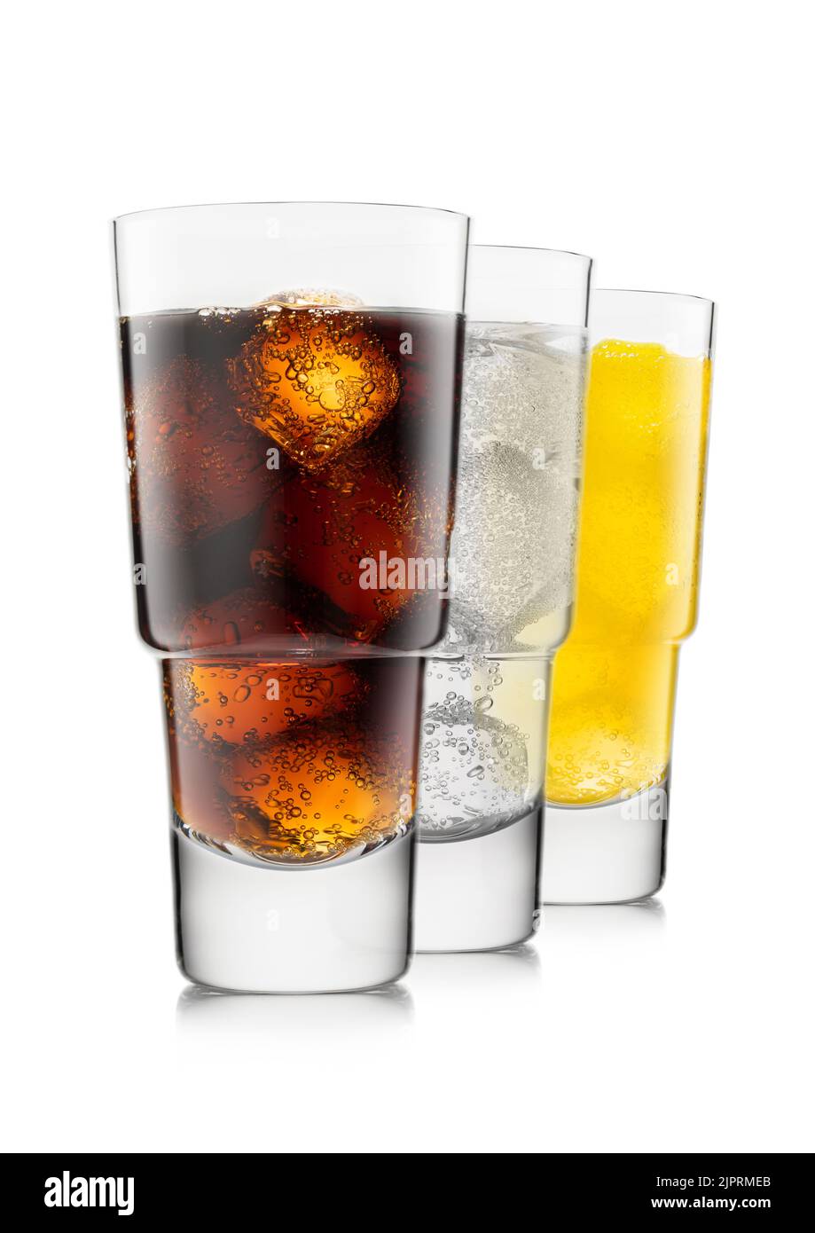 Cola with lemonade and orange soda soft drink with ice cubes. Stock Photo