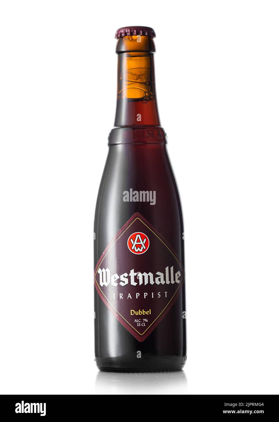 LONDON, UK - JUNE 22, 2022: Bottle of Westmalle Trappist dubble dark beer on white. Stock Photo