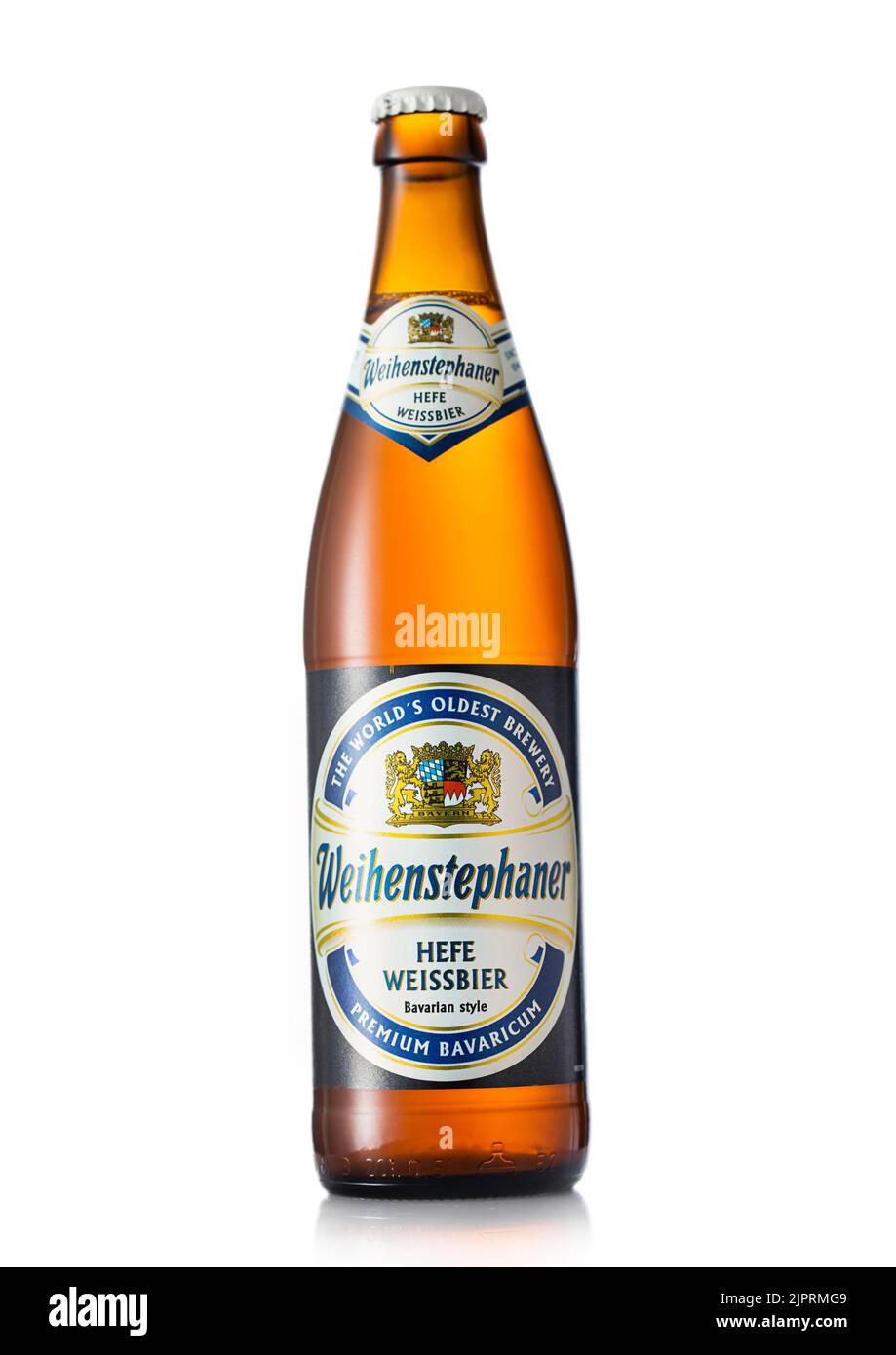 LONDON, UK - JUNE 22, 2022: Bottle of Weihenstephaner wheat beer on white. Stock Photo