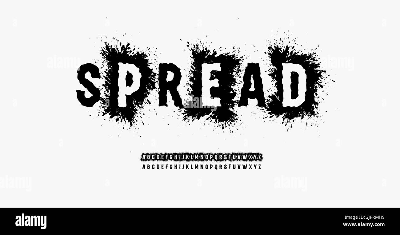 Grunge uneven font with spread splash, high letters with spray effect. Rough alphabet for punk headline, graffiti lettering, urban monogram, street Stock Vector