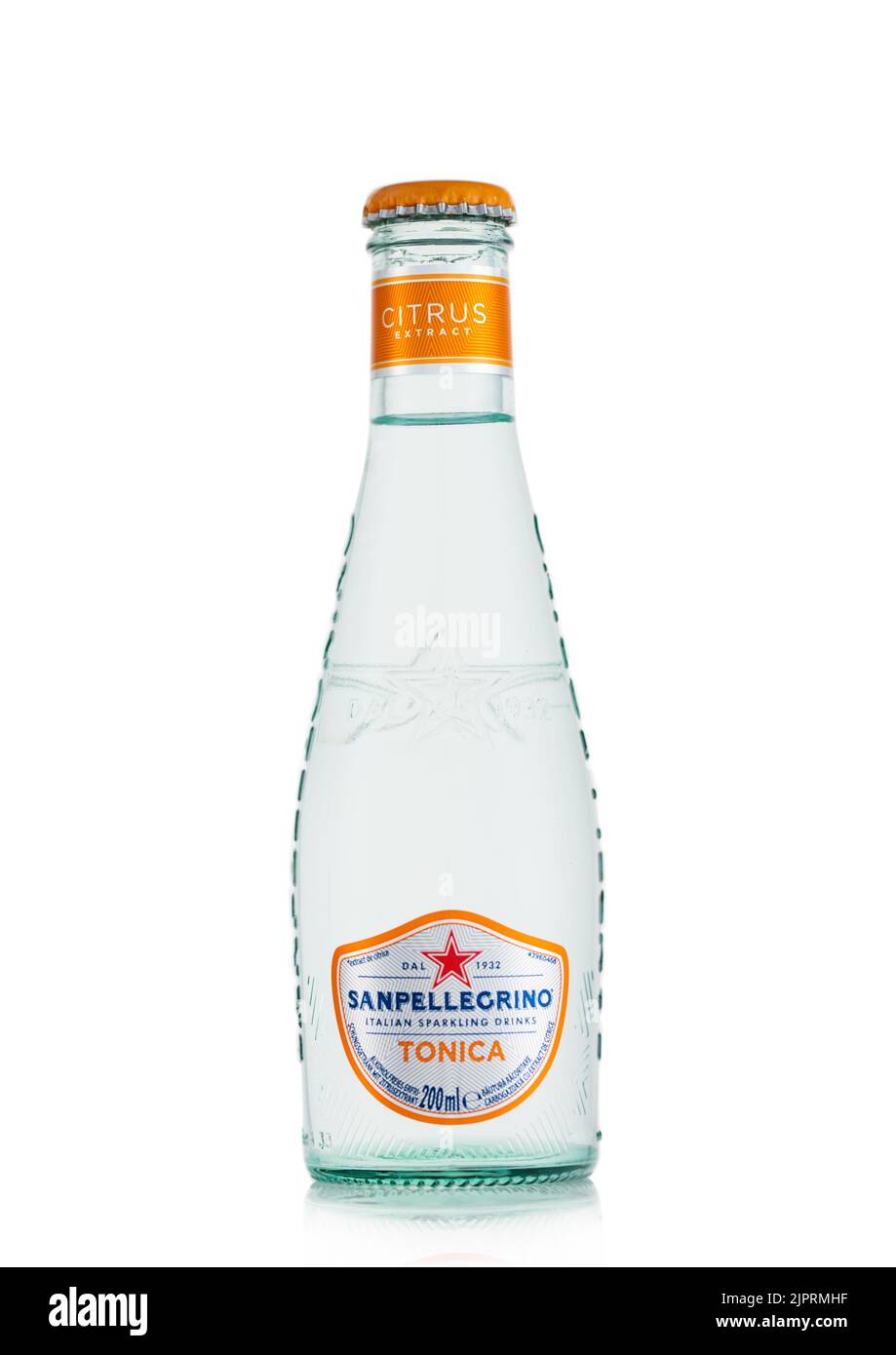 LONDON,UK - MAY 01, 2022: Bottle of Sanpellegrino citrus orange italian tonic soda on white. Stock Photo