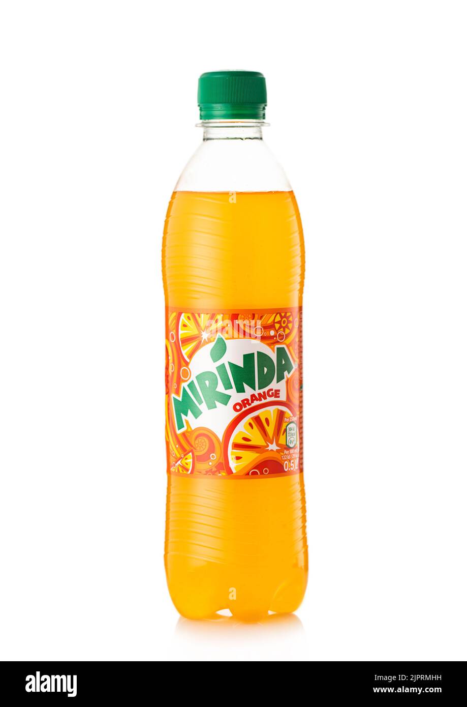 LONDON,UK - MAY 12, 2022: Plastic bottle of Mirinda original orange soda on white. Stock Photo