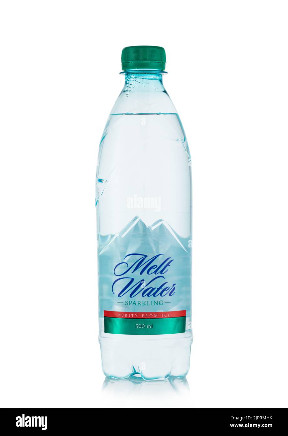 LONDON,UK - MAY 10, 2022: Bottle of Melt Water sparkling and mineral purity from ice on white. Stock Photo