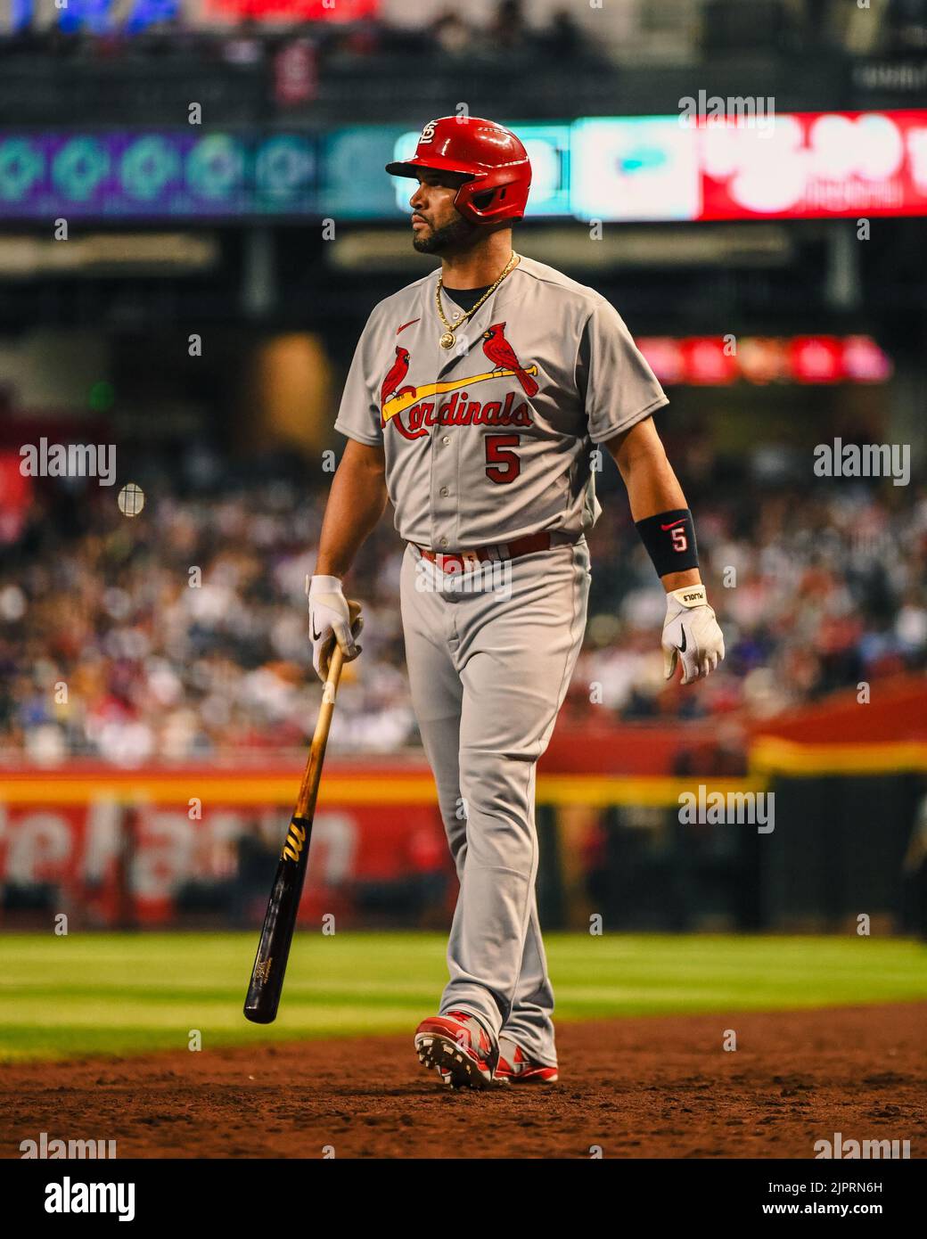St. Louis Cardinals designated hitter Albert Pujols (5) walks towards the plate after a pitching change in the seventh inning of an MLB game against t Stock Photo