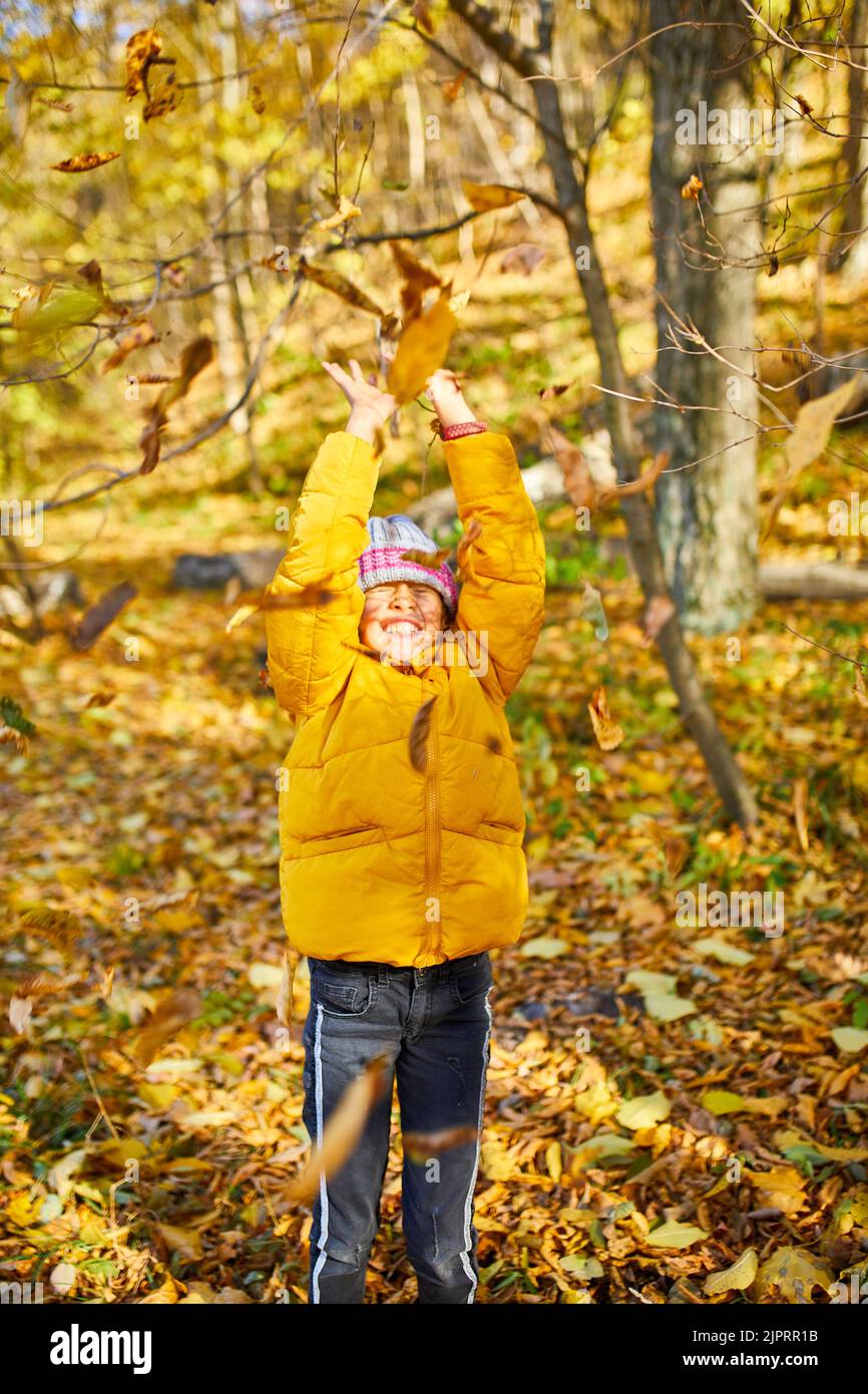 Happy adorable child girl laughing and playing yellow fallen leaves in ...