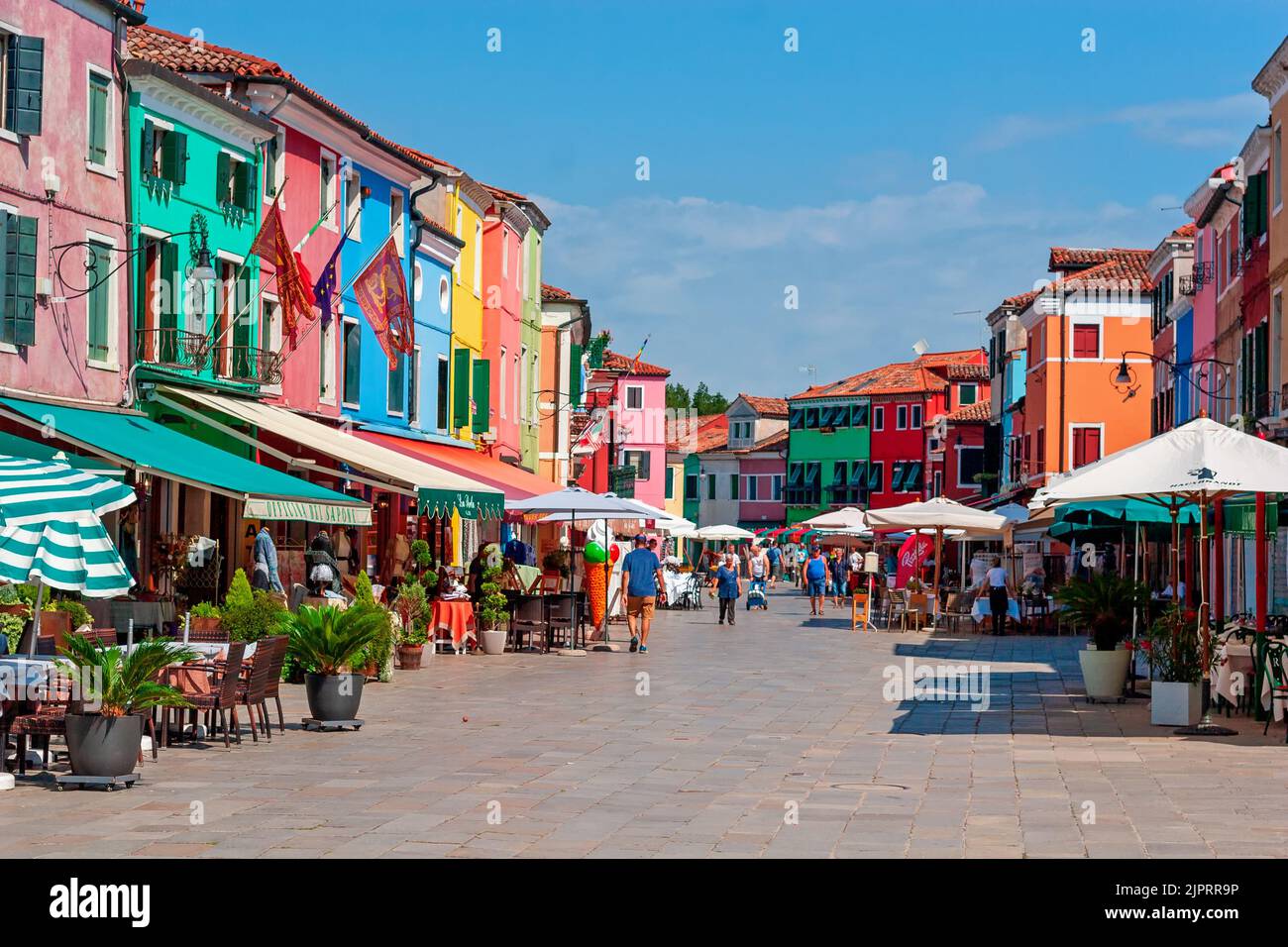 BURANO, ITALY – JULY 11, 2022: Summer morning in Burano, the tourists have not arrived yet. Stock Photo