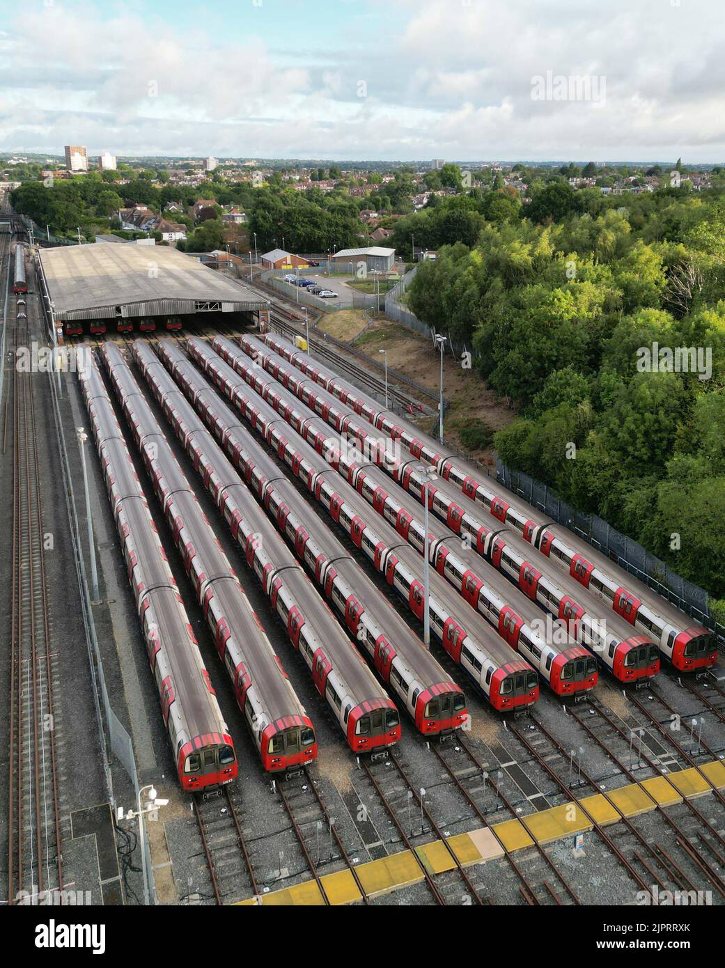 pic shows:  19.8.22 Shed for tube trains between East Finchley and Highgate stations Is full with unused trains as  Tube strike meant most lines were Stock Photo