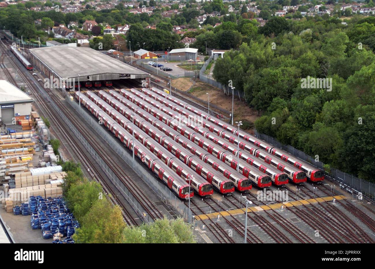 pic shows:  19.8.22 Shed for tube trains between East Finchley and Highgate stations Is full with unused trains as  Tube strike meant most lines were Stock Photo