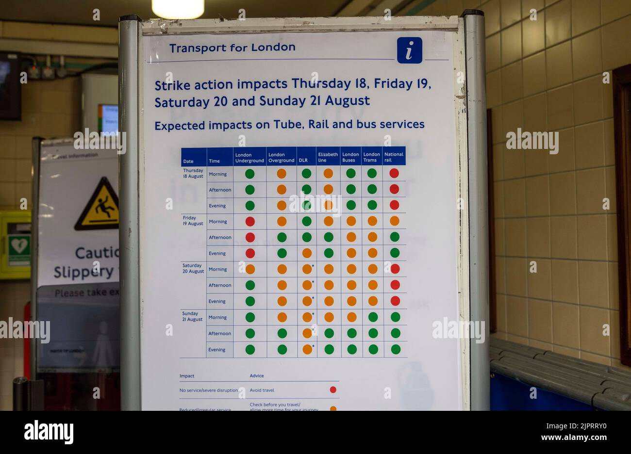 pic shows:  19.8.22 Sign showing closures  at  East Finchley  Station today   Tube strike meant most lines were closed with only a restricted service Stock Photo