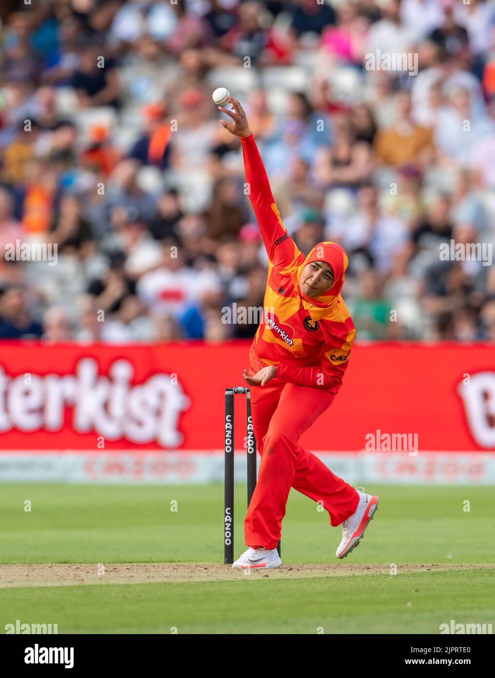 Abtaha Maqsood bowling for the Birmingham Phoenix in The Hundred