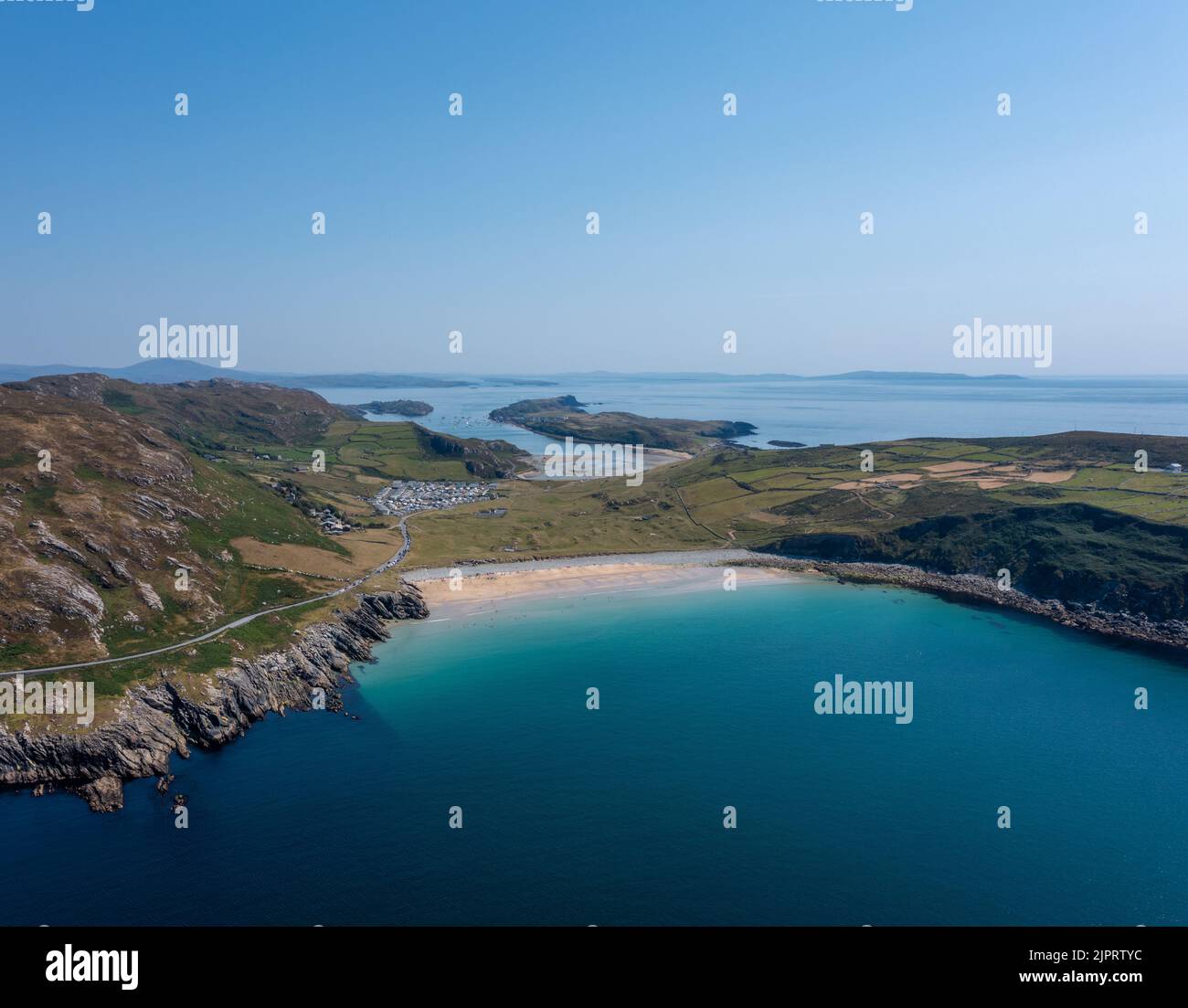 An aerial view of Lackenakea Bay Beach in Barley Cove on the Mizen Peninsula of West Cork in Ireland Stock Photo