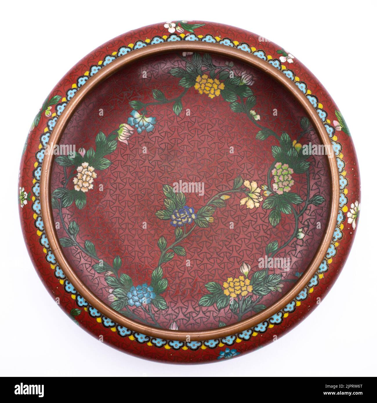 Fine Antique Chinese Red Cloisonne Brush Washer Bowl With Floral Decoration Stock Photo
