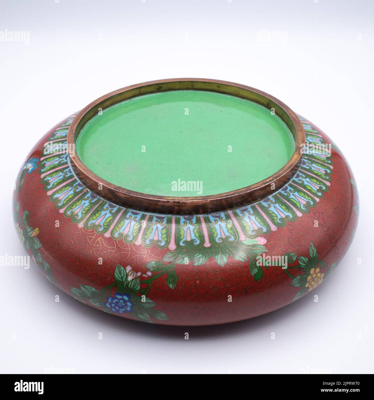 Fine Antique Chinese Red Cloisonne Brush Washer Bowl With Floral Decoration Stock Photo