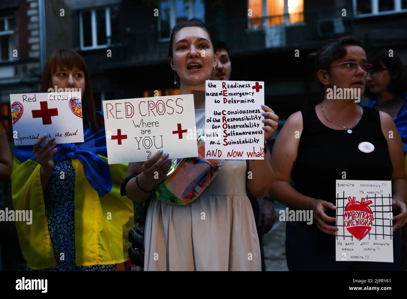 Krakow, Poland. 19th Aug, 2022. Ukrainians protest in front of the Consulate General of Russia in support of prisoners of war of Azovstal 4308 regiment defenders and against Russian invasion of Ukraine. Krakow, Poland on August 19, 2022. The Azov Regiment was among the Ukrainian units that defended the steelworks in the city of Mariupol for nearly three months before surrendering in May under relentless Russian attacks from the ground, sea and air. (Credit Image: © Beata Zawrzel/ZUMA Press Wire) Stock Photo