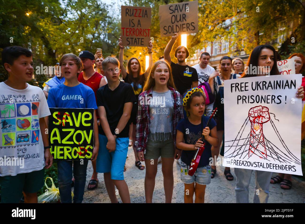 August 19, 2022, Krakow, Poland: Ukrainians protest in front of the Consulate General of Russia in support of prisoners of war of Azovstal 4308 regiment defenders and against Russian invasion of Ukraine. Krakow, Poland on August 19, 2022. The Azov Regiment was among the Ukrainian units that defended the steelworks in the city of Mariupol for nearly three months before surrendering in May under relentless Russian attacks from the ground, sea and air. (Credit Image: © Beata Zawrzel/ZUMA Press Wire) Stock Photo