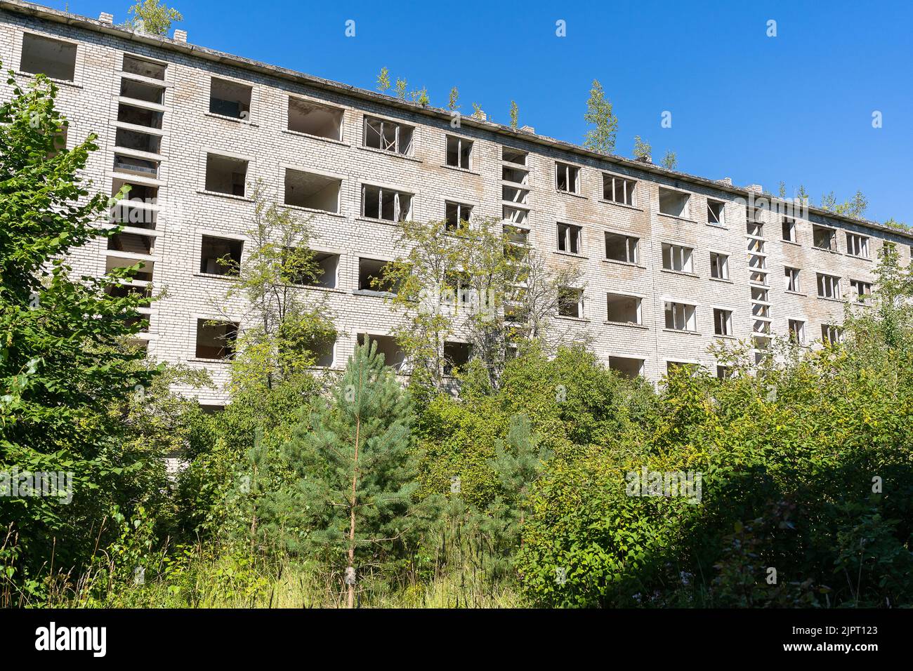 Abandoned secret Soviet Union military ghost town Irbene in Latvia Stock Photo