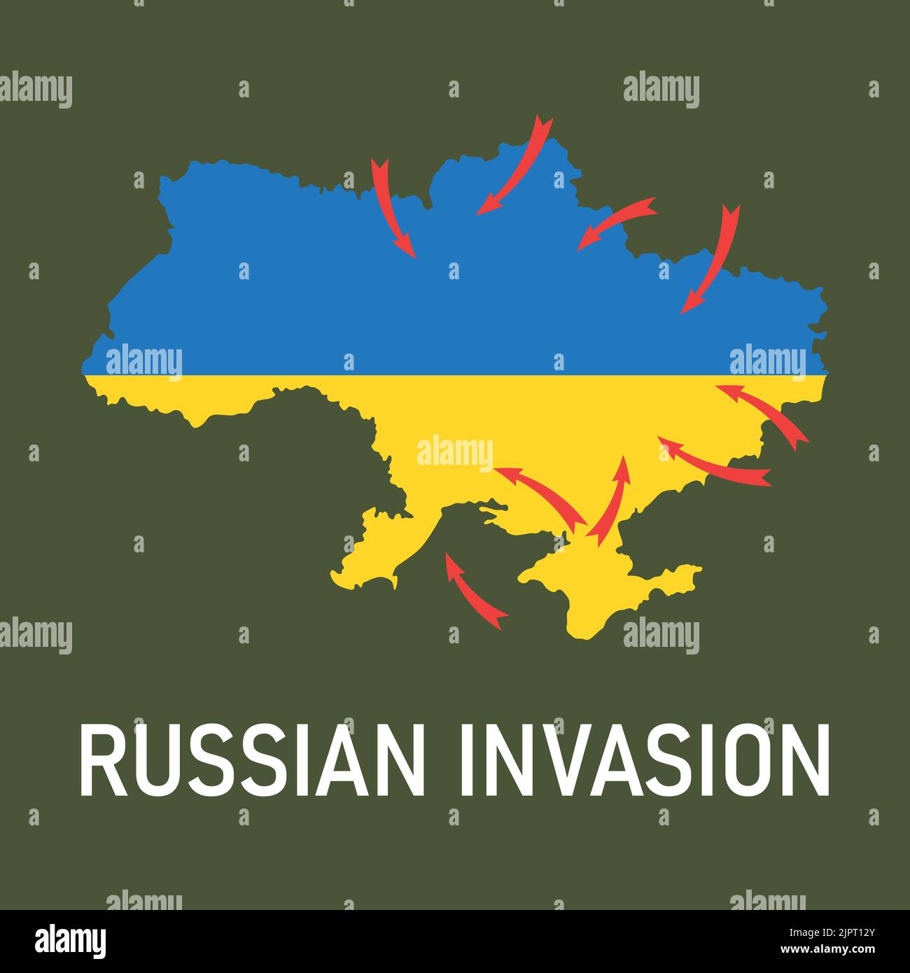 2022 Russian invasion of Ukraine. Map of Ukraine in blue and yellow colors of Ukrainian flag, red arrows of Russian attacks from different directions Stock Vector