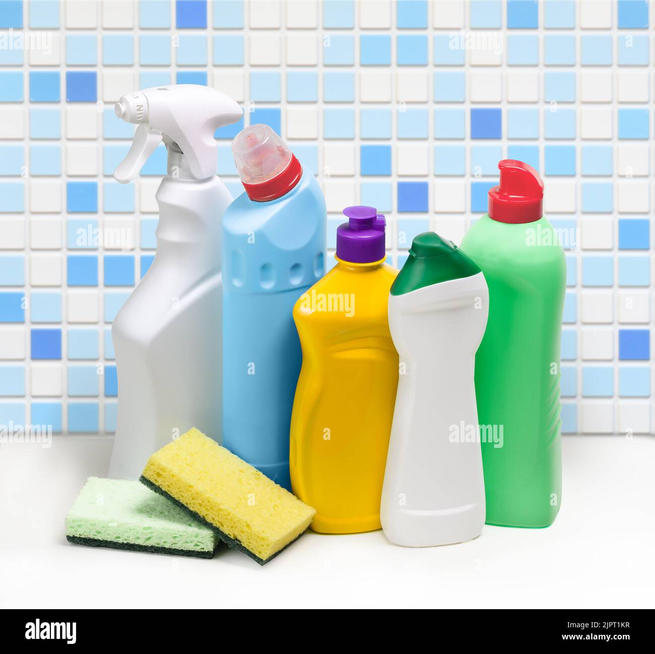 A plastic bottles with Household cleaning product on a white table in the bathroom Stock Photo