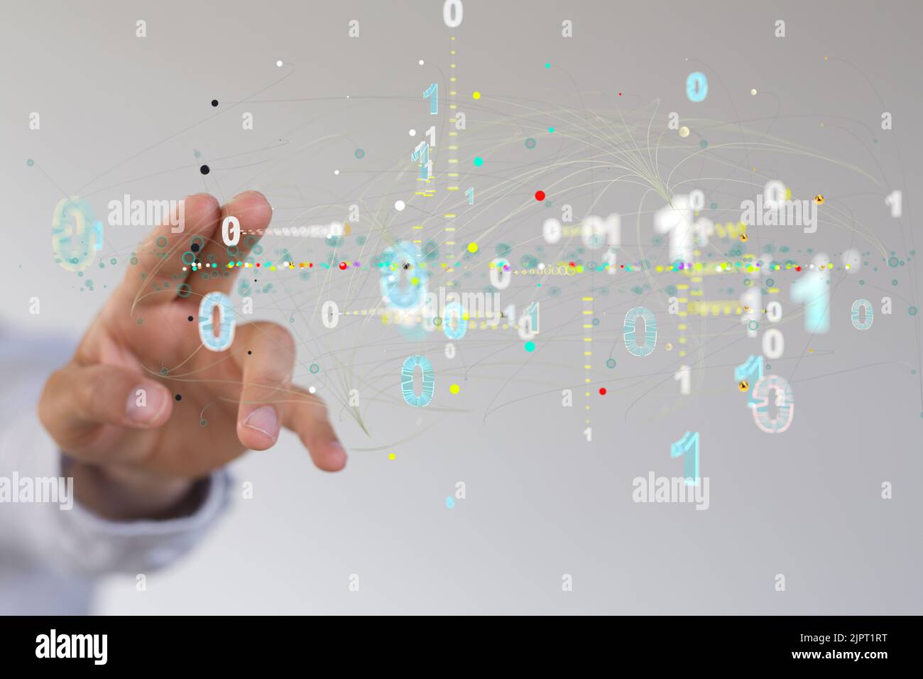 A man's hand pointing on 3d rendered binary codes Stock Photo - Alamy
