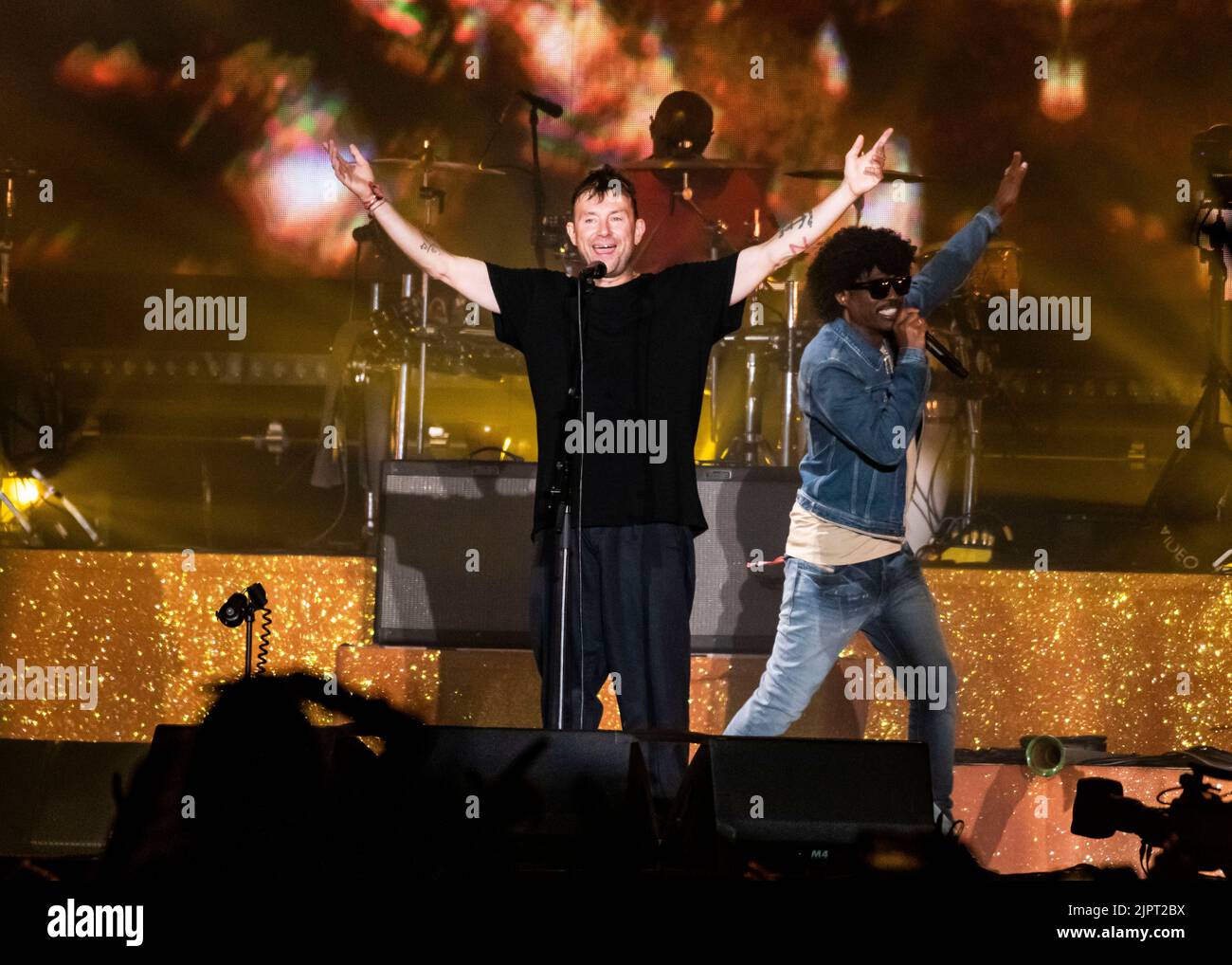 London, UK, Friday, 19th August 2022. Damon Albarn from Gorillaz performs live on stage as part of the All Points East Festival, Victoria Park, London.  Credit: DavidJensen / Empics Entertainment / Alamy Live News Stock Photo
