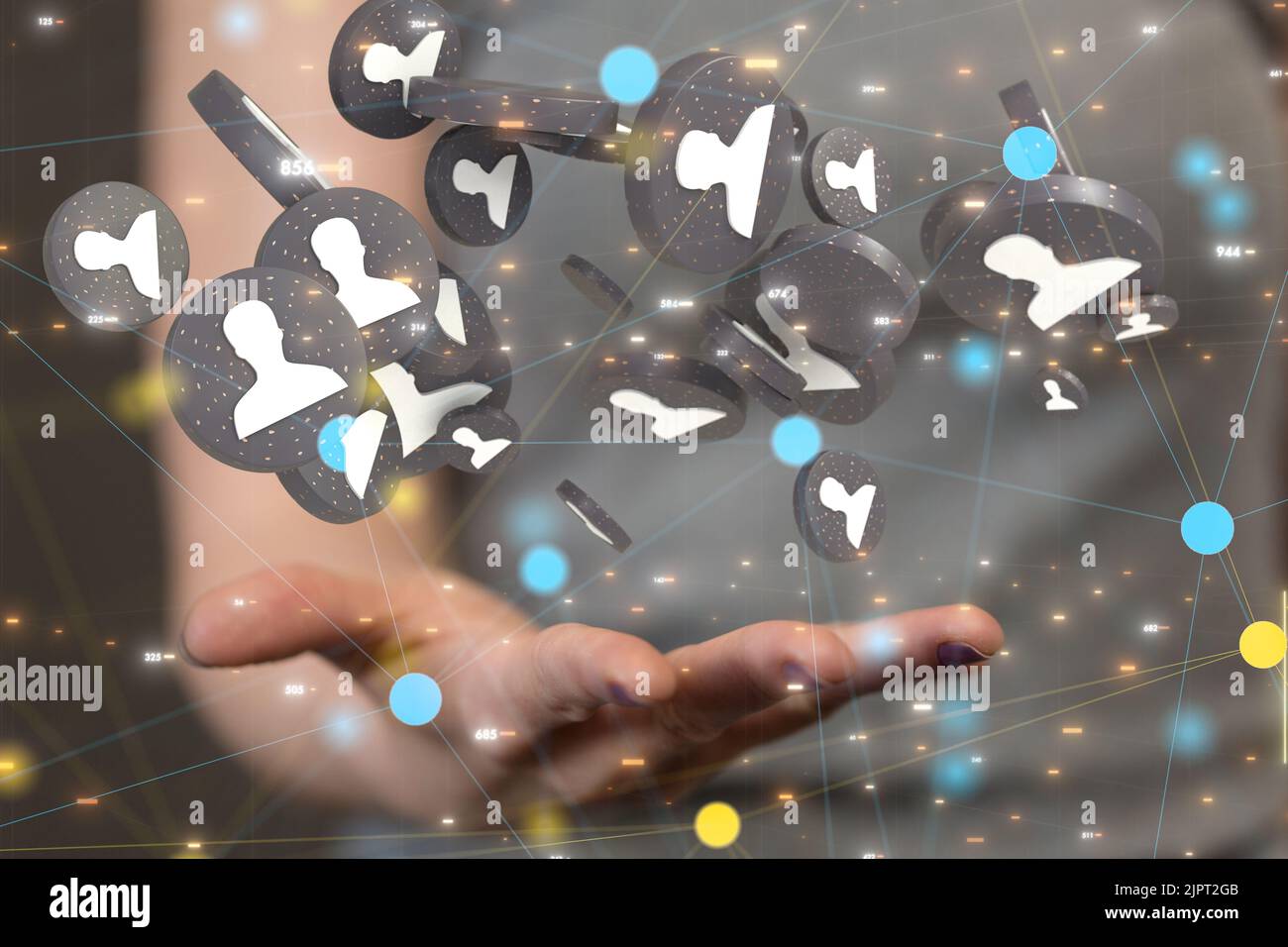 The 3d rendered profile icons hovering over a man's hand Stock Photo ...