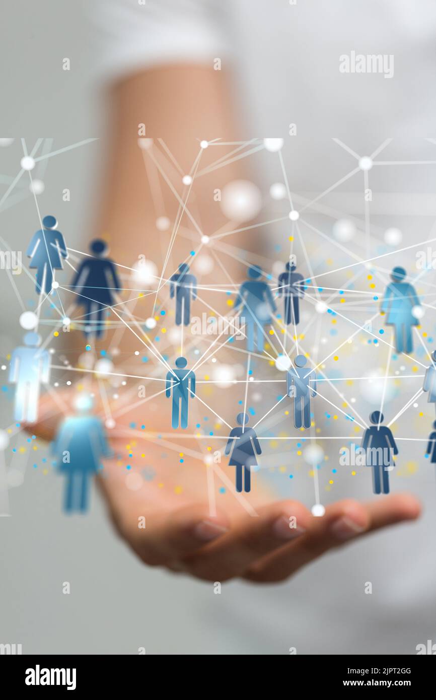 The 3d rendered people icons hovering over a man's hand Stock Photo - Alamy