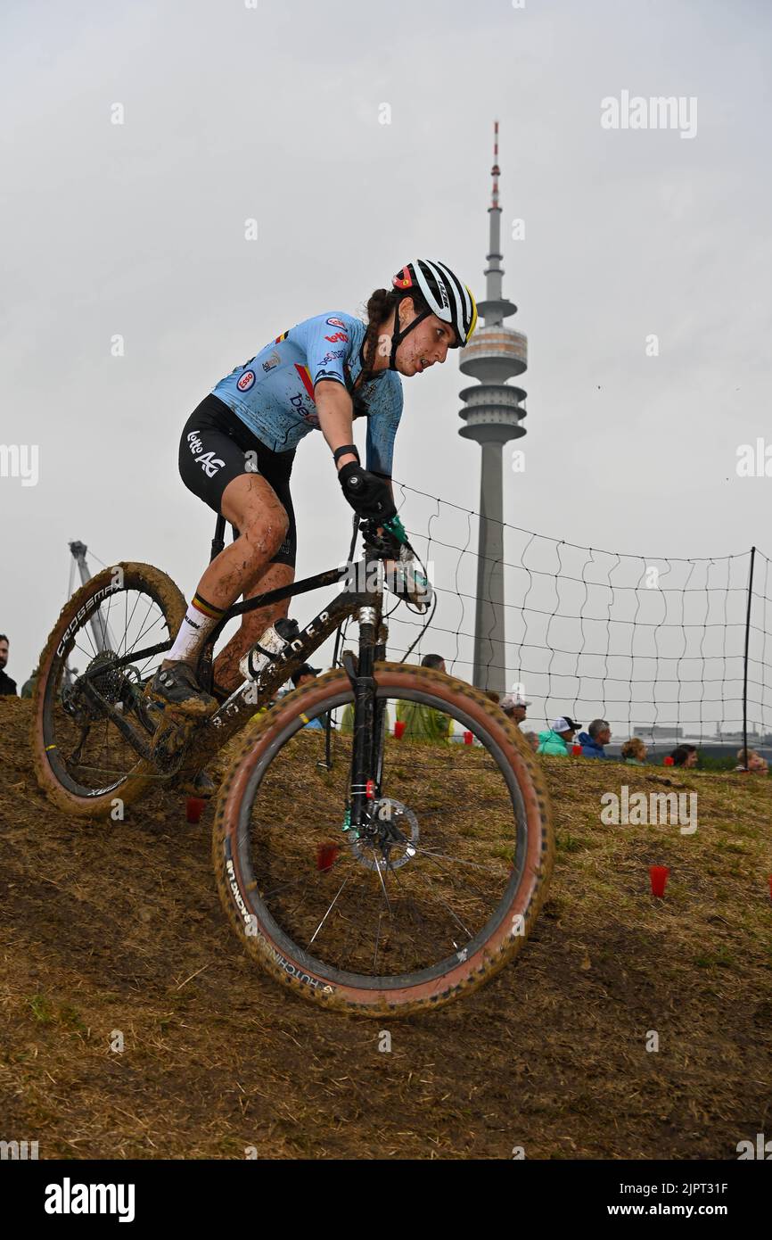 Belgian Emeline Detilleux pictured in action during the women's  cross-country race of the Mountainbike (VTT) event at the Athletics  European Championships, at Munich 2022, Germany, on Saturday 20 August  2022. The second