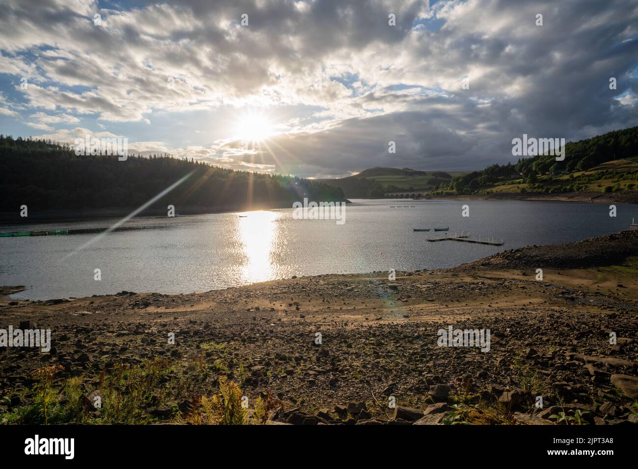 Ladybower Reservoir at low water levels in the Peak District, Derbyshire Stock Photo