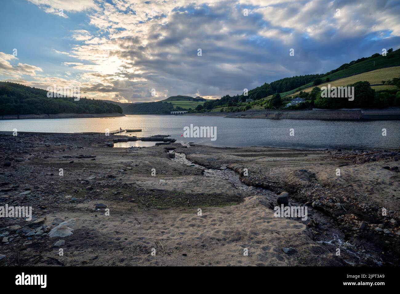 Ladybower Reservoir at low water levels in the Peak District, Derbyshire Stock Photo