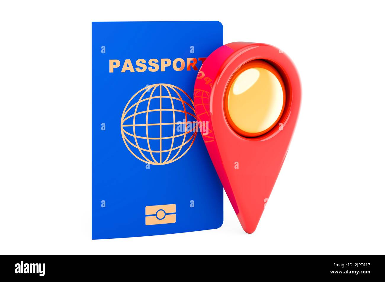 Passport with map pointer. 3D rendering isolated on white background Stock Photo
