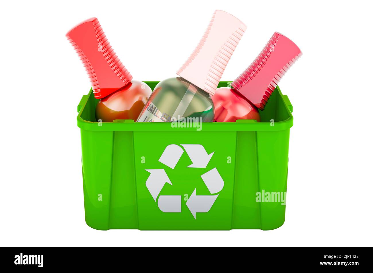 Recycling trashcan with nail enamel polish bottles, 3D rendering