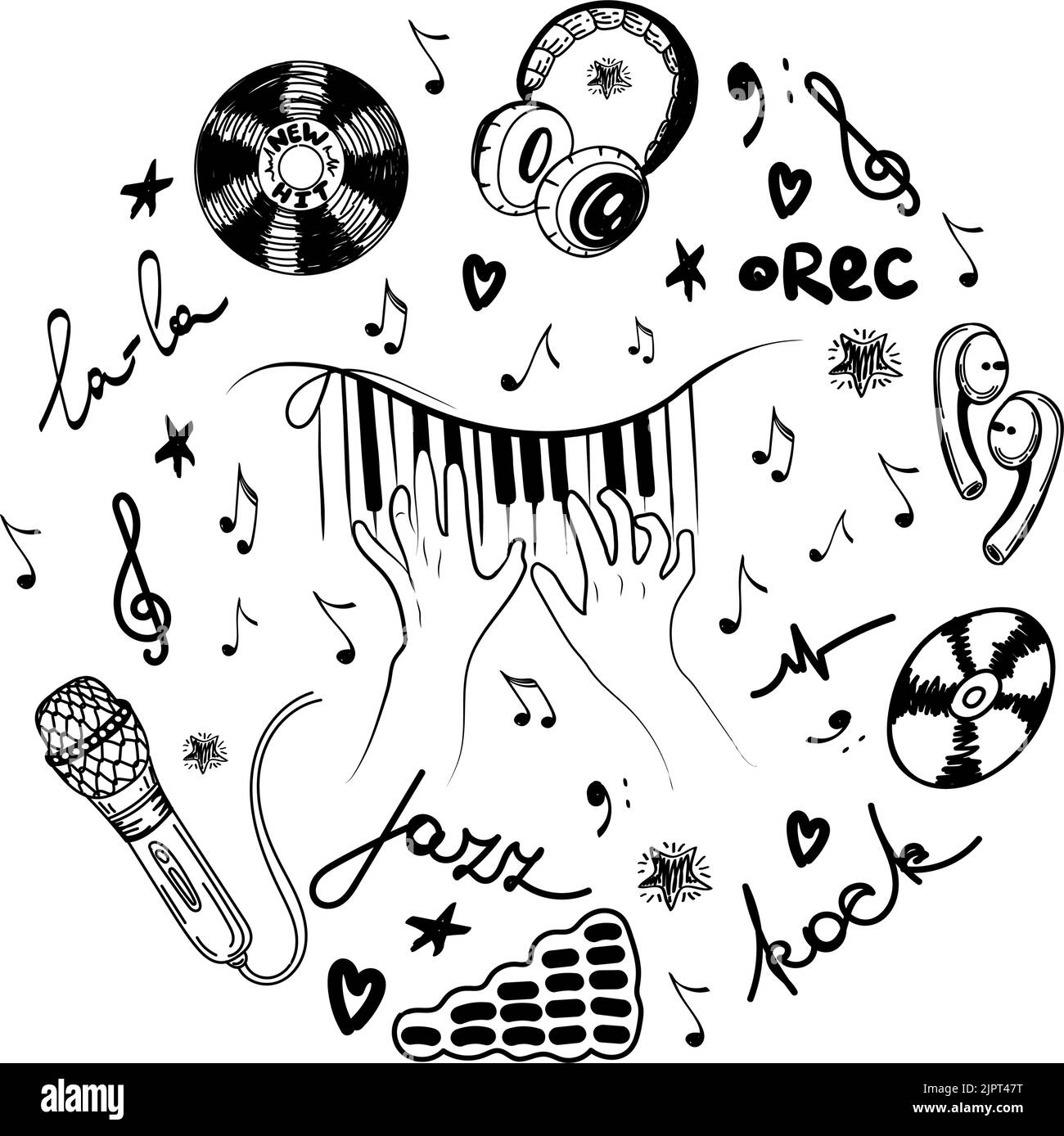 The concept of inspired piano playing, a hand-drawn doodle. A new hit. Microphone. Hands. Keys. Violin key and flying notes. Music. Inspiration. The p Stock Vector