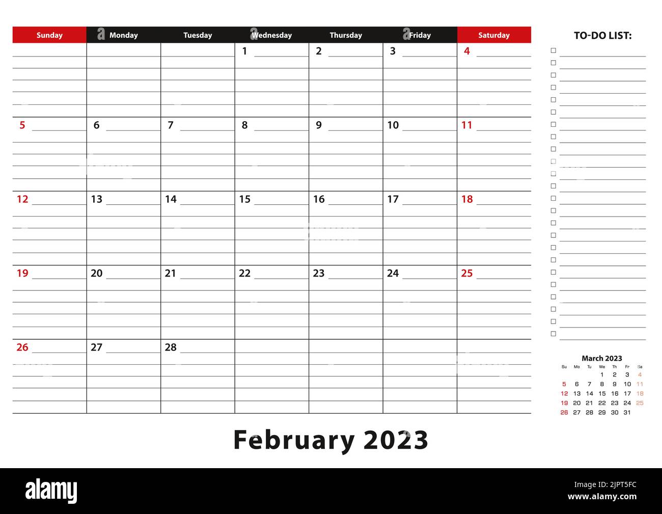 February 2023 Monthly Desk Pad Calendar week starts from sunday, size