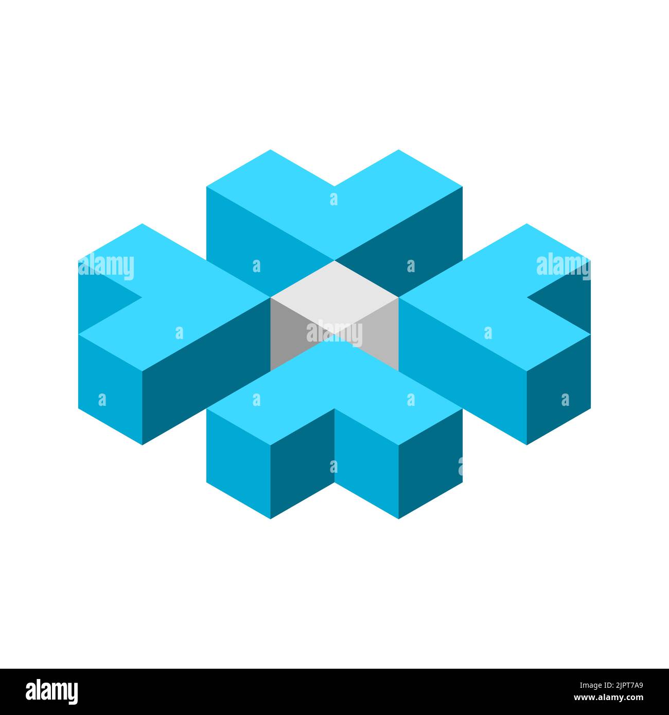 Four arrows pointing to the same spot. Reaching a goal concept. Abstract geometric cubical concept. Arrowheads made of cubes. Hit central target. Stock Vector