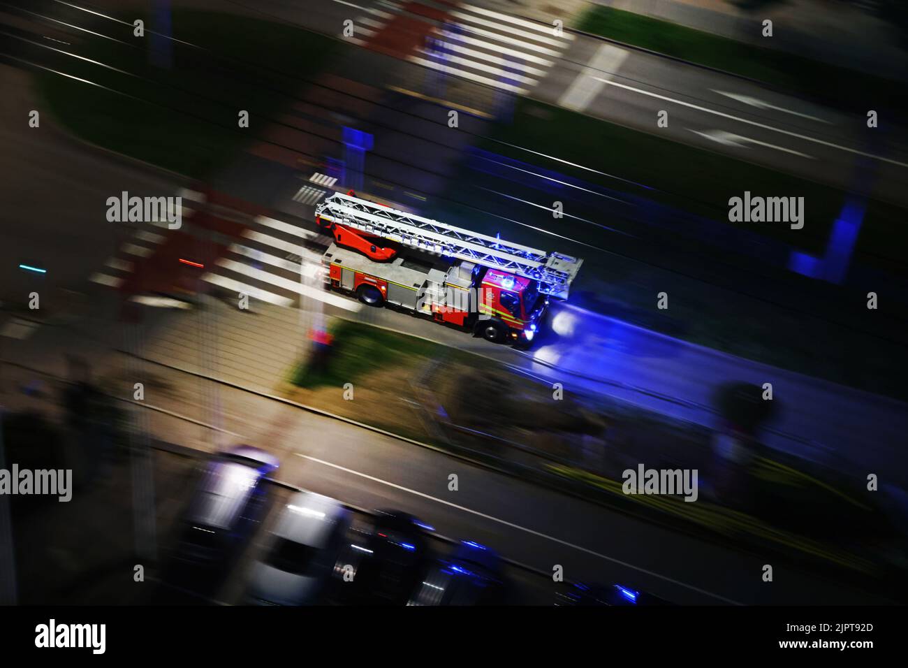 Rescue trucks on a call during Monday night in the city of Gotheburg, Sweden. Stock Photo