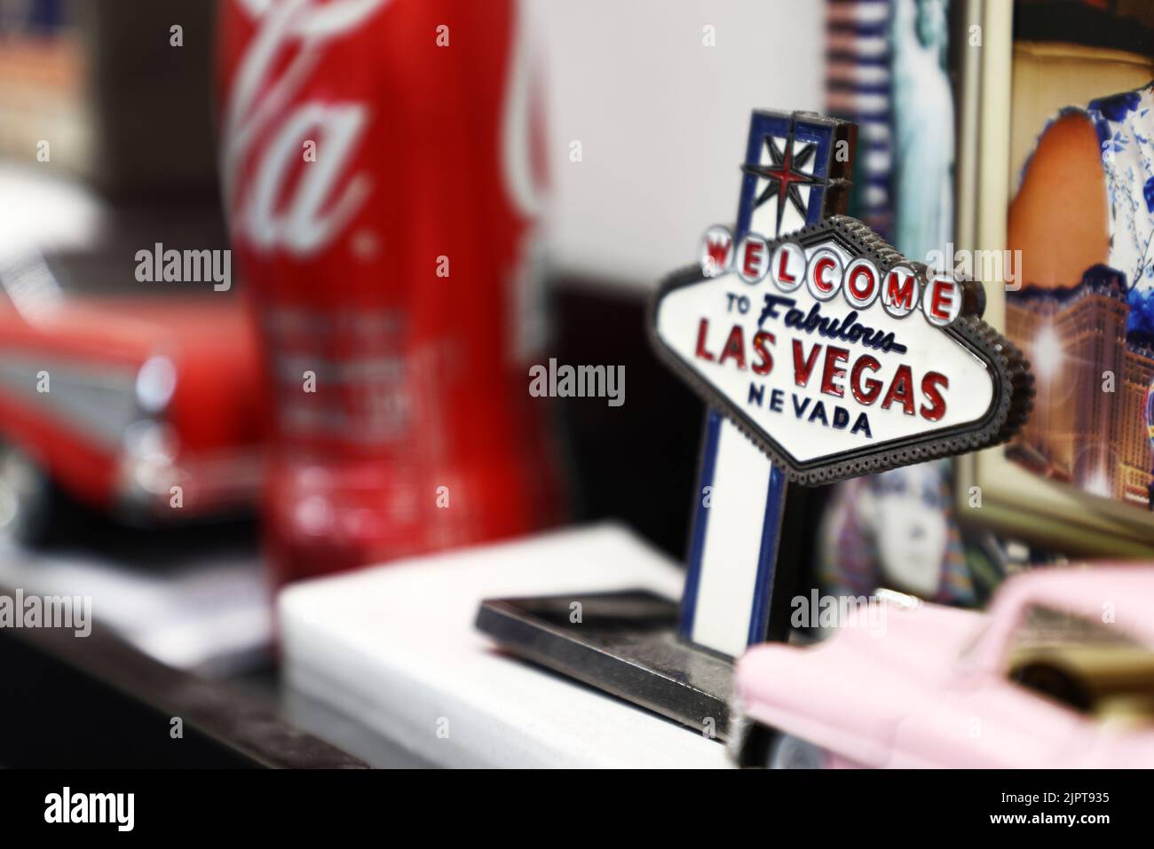 Signs and various souvenirs in a souvenir shop, a Las Vegas souvenir. Stock Photo