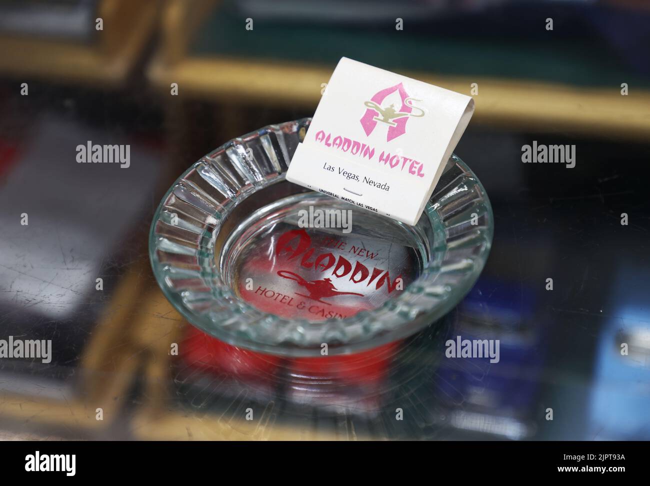 Signs and various souvenirs in a souvenir shop. An ashtray from The New Aladdin hotel and casino, Las Vegas, Nevada, US. Stock Photo