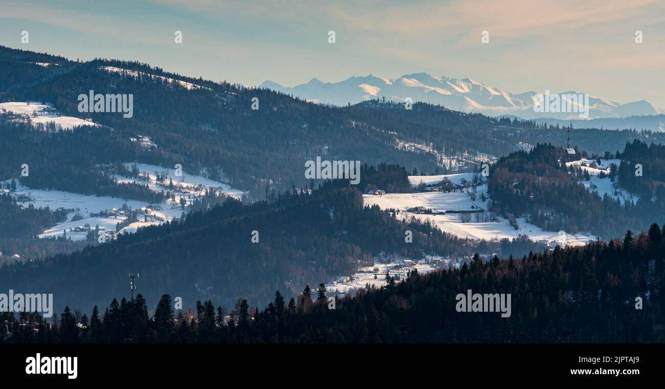 Tatra mountains from meadow bellow Wielka Czantoria hill in winter Beskid Slaski mountains in Poland near borders with Czech republic Stock Photo