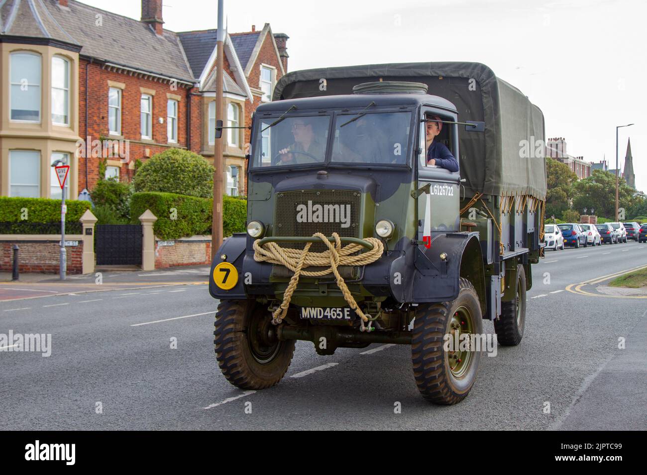 1967 60s sixties green Bedford ARMY Truck; military vehicles; World War II, Second World War, WWII, WW2. Military vehicle at Lytham 1940's Festival Wartime Weekend 2022 Stock Photo