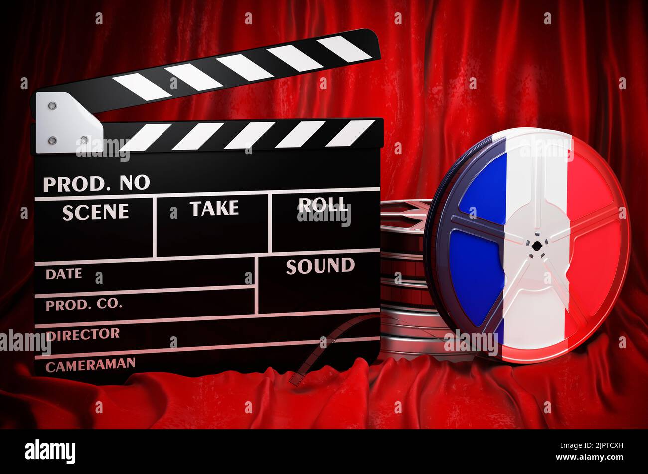 French cinematography, film industry, cinema in France, concept. Clapperboard with and film reels on the red fabric, 3D rendering Stock Photo