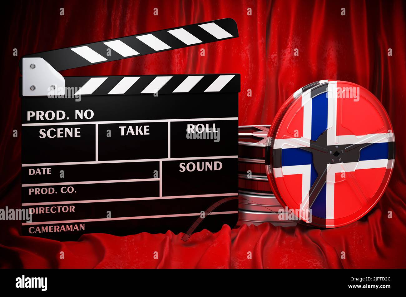 Norwegian cinematography, film industry, cinema in Norway, concept. Clapperboard with and film reels on the red fabric, 3D rendering Stock Photo