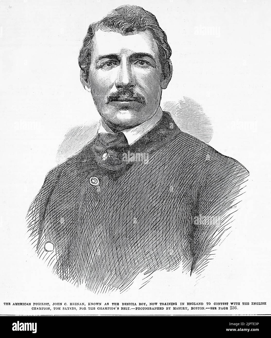 Portrait of the American pugilist, John Camel Heenan, known as the Benicia Boy, now training in England to contest with the English champion, Tom Sayers, for the champion's belt (1860). 19th century illustration from Frank Leslie's Illustrated Newspaper Stock Photo