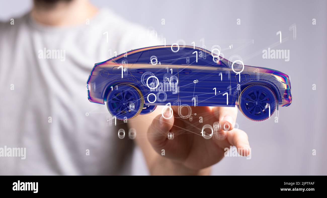 A man's hand pressing the blue 3D rendering blue car floating in the