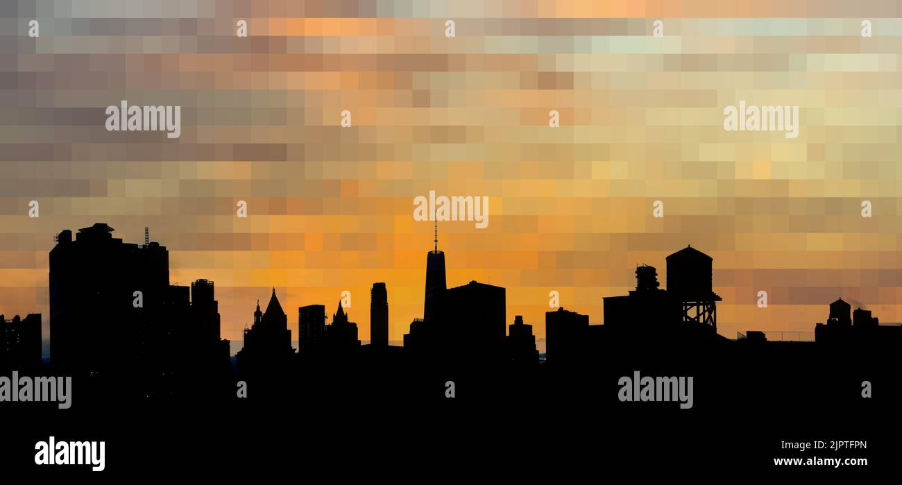 New York City skyline building silhouettes against a pixelated yellow ...